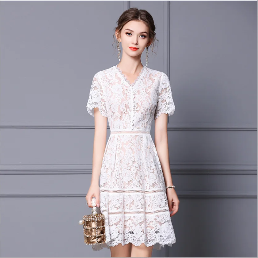 

Summer Lace V-Neck Blue Black White Women Dress Lady Sexy Gentle Short Skirt Slim Sweet Temperament New Fresh A-Line OL Dresses