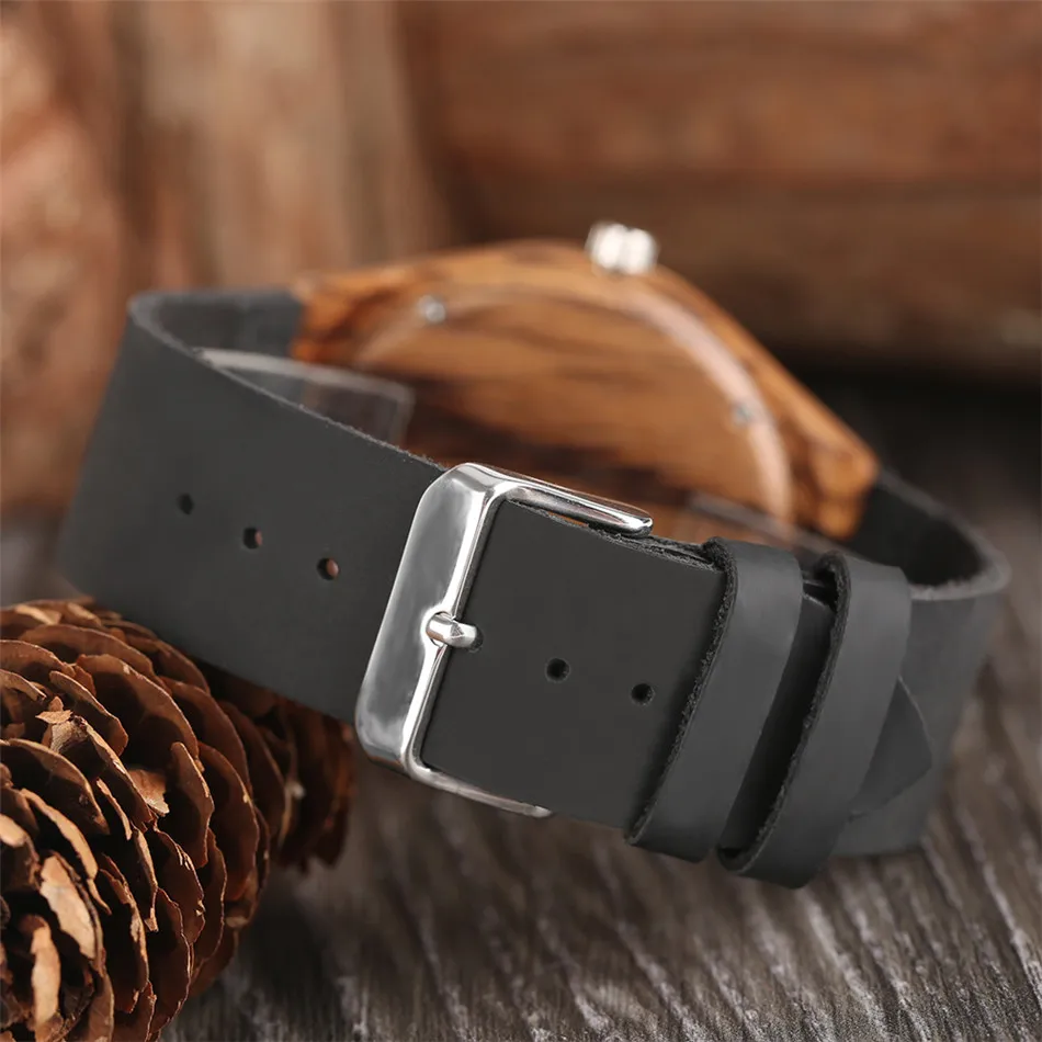 

Classic Zebrawood Men Watches Red Seconds Design Round Dial Black Genuine Leather Men's Wooden Watch Quartz Timepiece