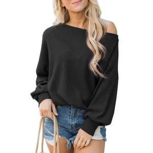 Women's Off Shoulder Tops, Sexy Long Sleeve Boat Neck Solid Color Waffle Knit Pullover