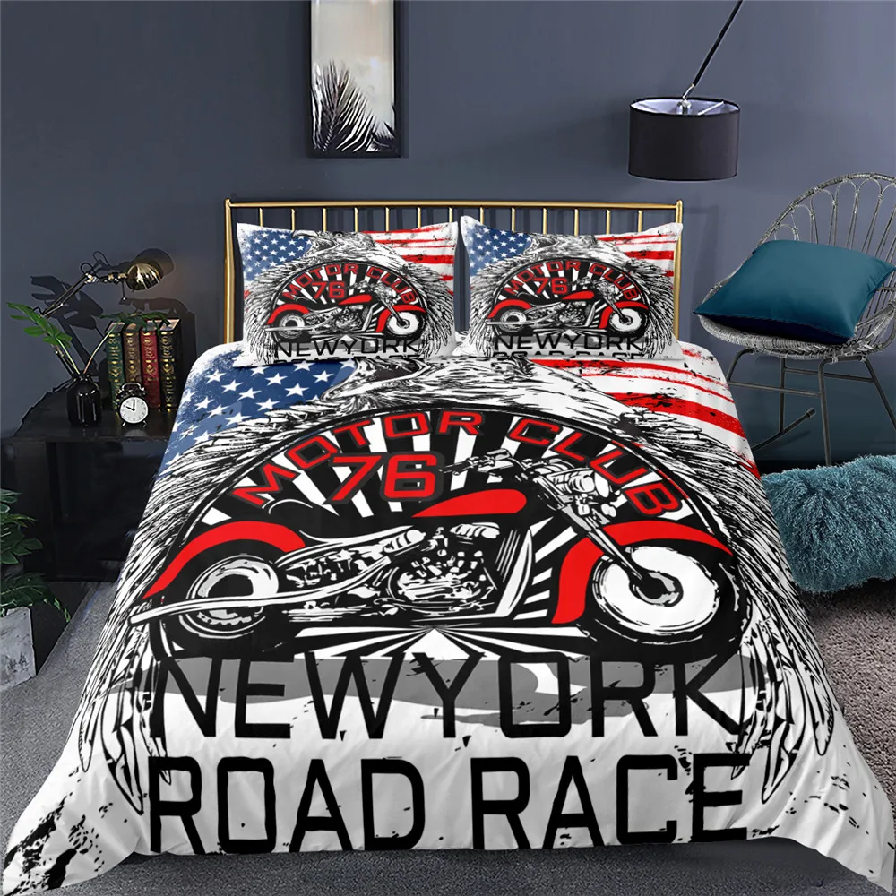 

3D Motorcycle Bedding Set Twin Full Queen King Size white Duvet Cover Set Double Single Bed Covers For Adult Teen