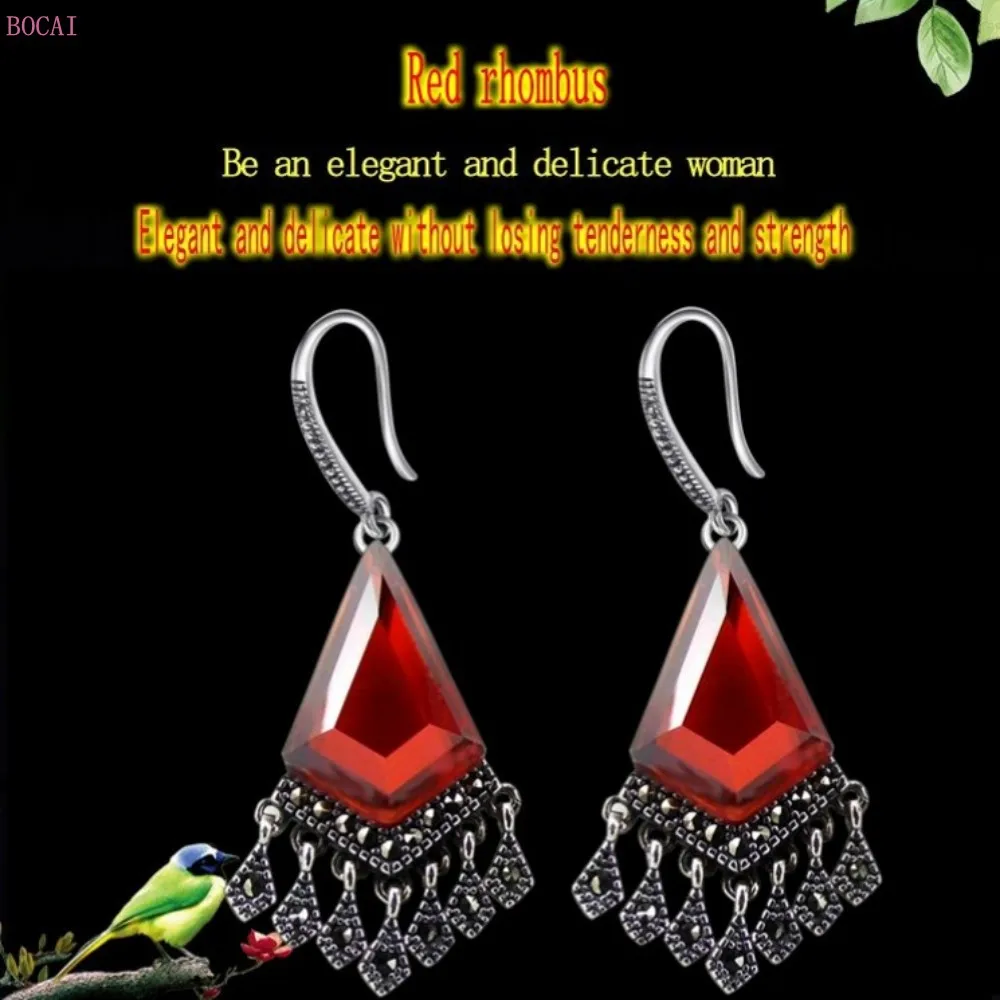 

s925 sterling silver earring for women inlaid red pomegranate cut tassels thai silver eardrop 925 pure silver earring 2020 new