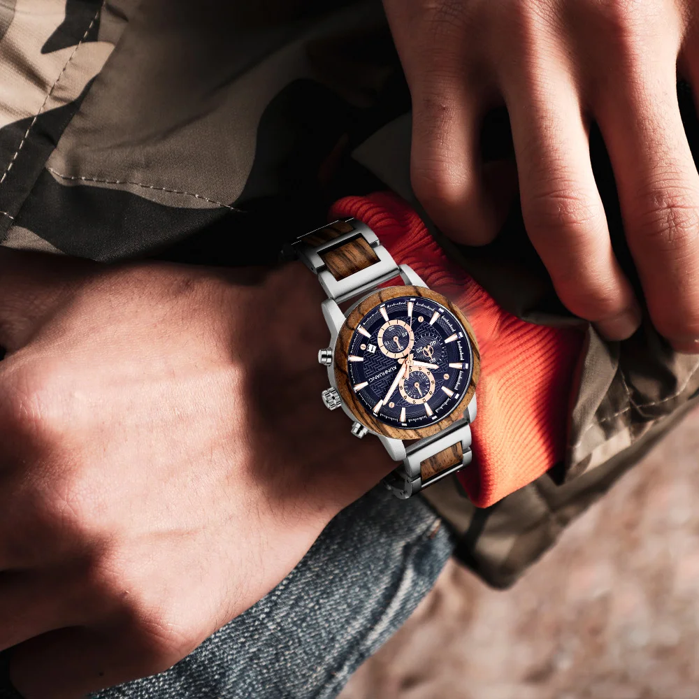 Роскошные стильные деревянные часы KUNHUANG военные кварцевые с хронографом