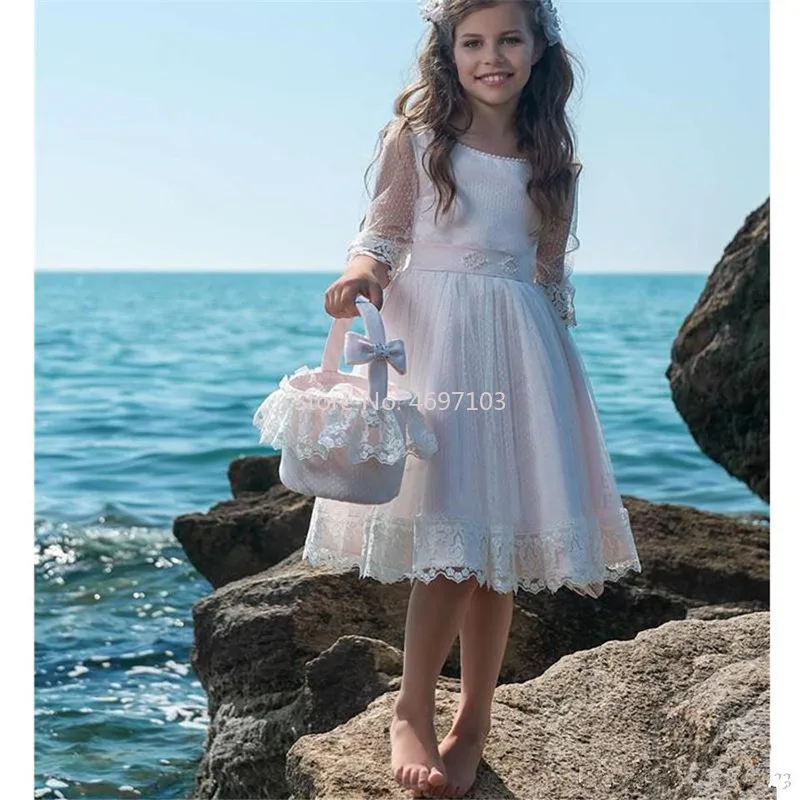 

Customize Flower Girl Dress For Wedding Lace Holy First Communion Dresses with Sash Ribbon Formal Wear Prom Birthday Party Gown