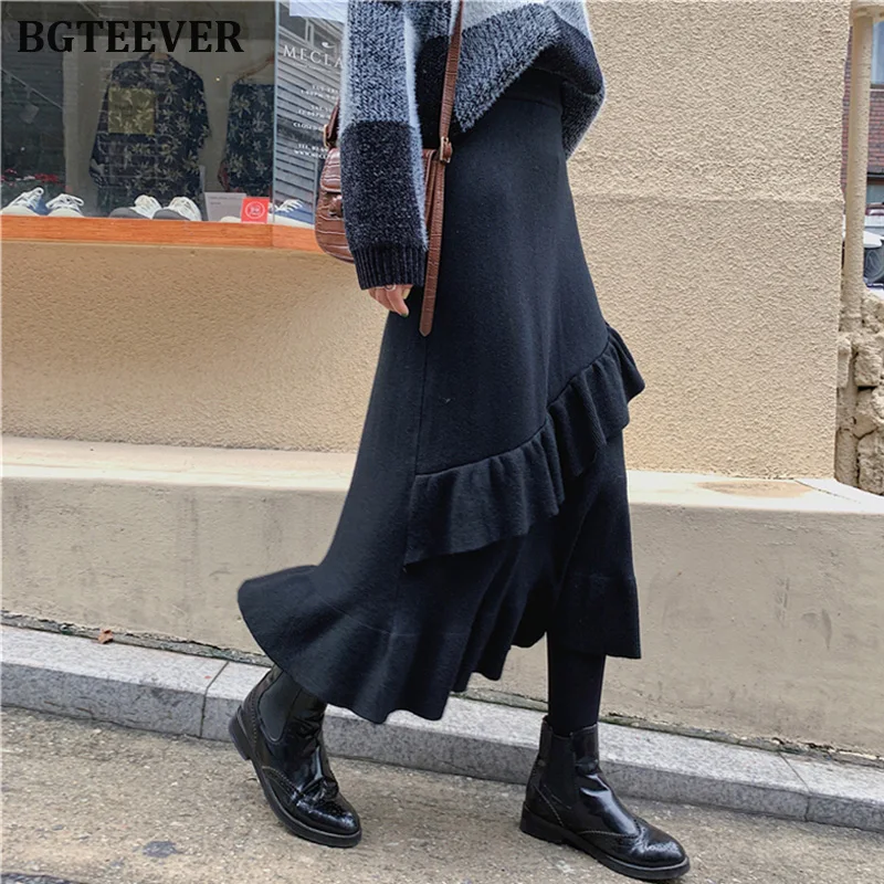 Женская Длинная вязаная юбка BGTEEVER теплая Повседневная трапеция с оборками