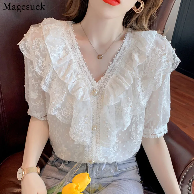 

Sweet Lace Ruffle Stitching Blouse Women Summer V-neck Short Sleeve Chiffon Shirt New 2021 Crochet Mesh New Tops Blusas 15835