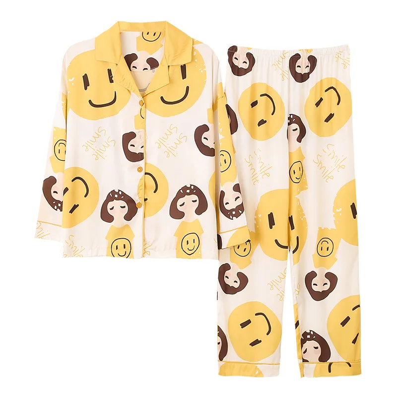 

Spring New Women's Pajamas Set Casual Fold-Down Cardigan Long Sleeve Pyjamas Cartoon Cute Silk Satin Sleepwear Girl Large Size