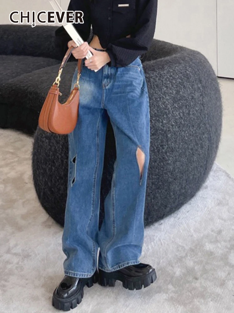 

CHICEVER Minimalist Hole Denim Women's Pant High Waist Full Length Casual Wide Baggy Jeans Female Autumn Fashion Clothing New