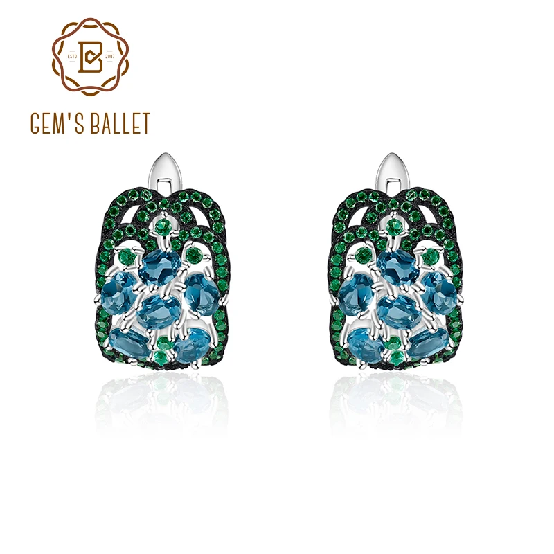 Серьги клипсы женские из серебра 925 пробы с натуральным лондонским голубым