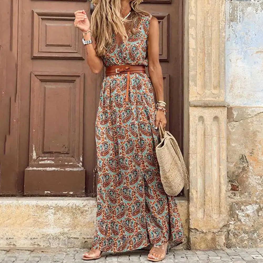 

Summer Elegant Sexy beach long Dress Women 2020 Boho Women Deep V Neck Sleeveless Paisley Print Belt Large Hem Party Long Dress