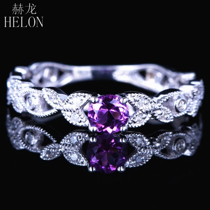 

HELON Твердые 10 к белого золота 0.22ct круглый натуральный аметист бриллиант обручальное кольцо для женщин, хорошее ювелирное изделие, подарок к...