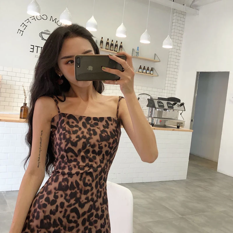 Леопардовое платье для девушек винтажное тонкое без рукавов на бретельках топ