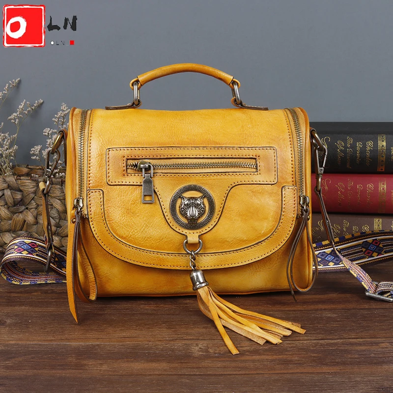 

OLN Genuine Leather Woman Bag 2021 New Vintage Tassel Boston Handbag Female Retro Designer Luxury Cowhide Casual Shoulder Bags