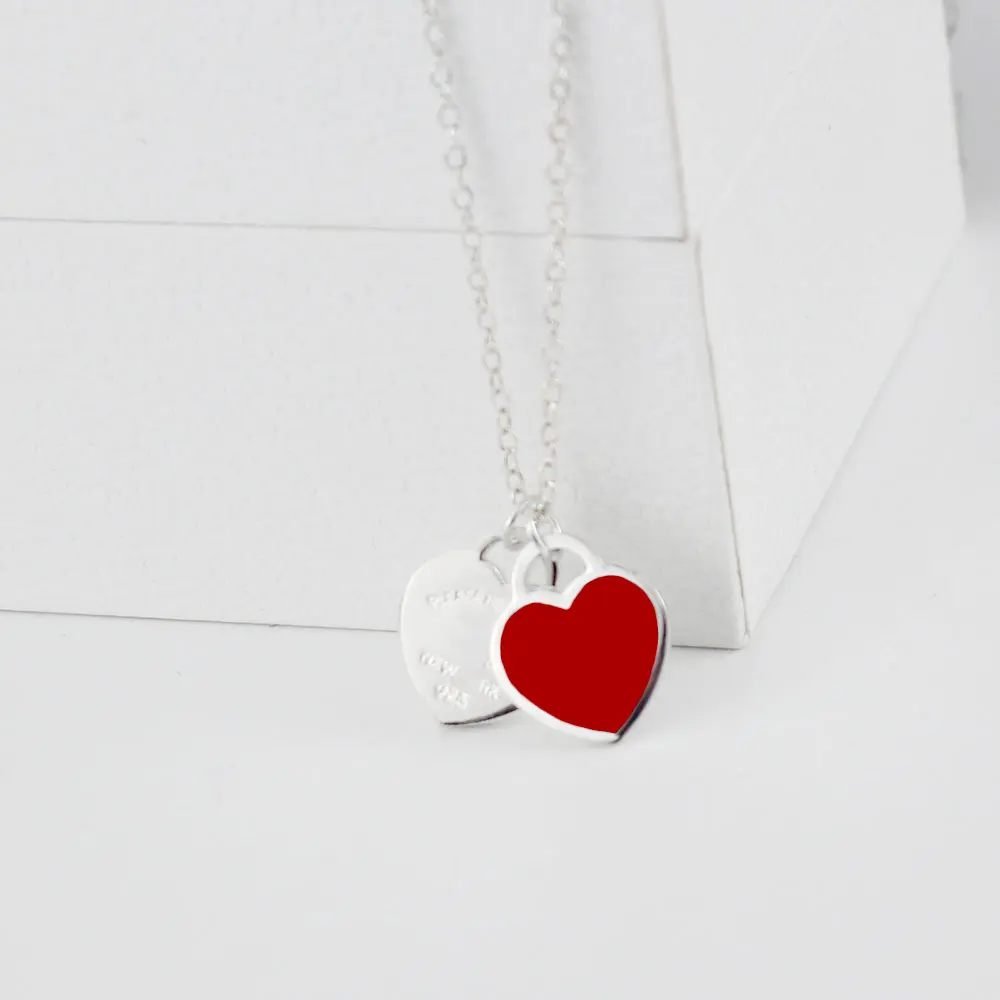 

KT Real 925 Jewelry Luxury LOGO Necklaces 1:1 High Quality Classic Enamel Mini Red Two Heart Pendant Necklaces TIF Jewelry Woman
