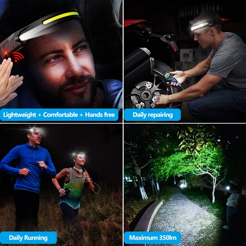 Мягкий силиконовый COB светодиодный налобный фонарь с датчиком зарядкой от USB со