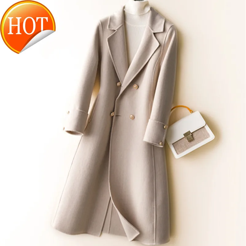 

2020 Women Long wool jacket autumn winter beige coat double faced woolen overcoat for women's Woolen pure 100% woolen overcoat