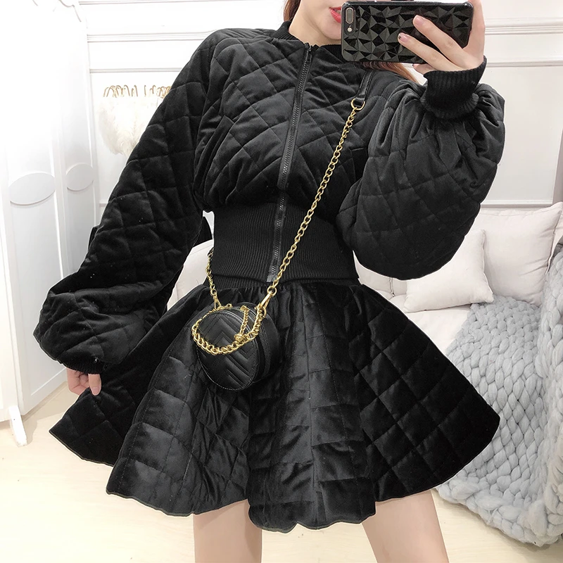 Женский зимний комплект из 2 предметов Стеганая юбка пачка с высокой талией и