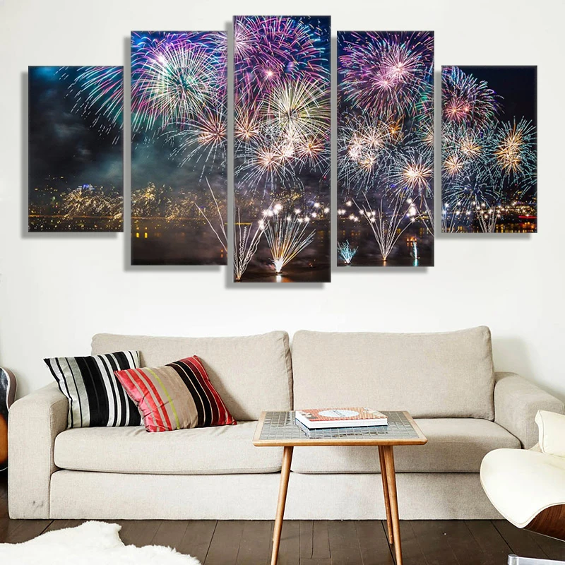 

Canvas Painting Modular Wall Art Frame HD Prints Pictures 5 Pieces Fireworks Over The Bay Poster Living Room Home Decor