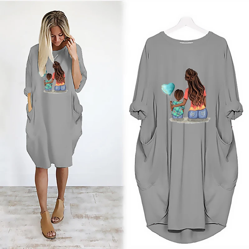 

t Shirt Dress Long Sleeve Dresses Vestidos Party Vintage Harajuku o Neck Pocket Casual Robes Femme Fashion Midi Loose Woman