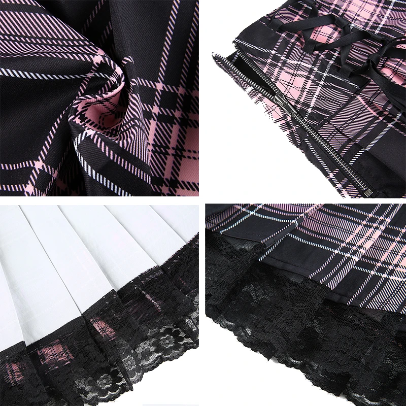 

Women Skirts Lace Pleated Skirt Sexy Mini Skirts Women Aesthetic Petticoat Girls Pink Lace Up Goth Plaid Skirt Ladies Punk Skirt