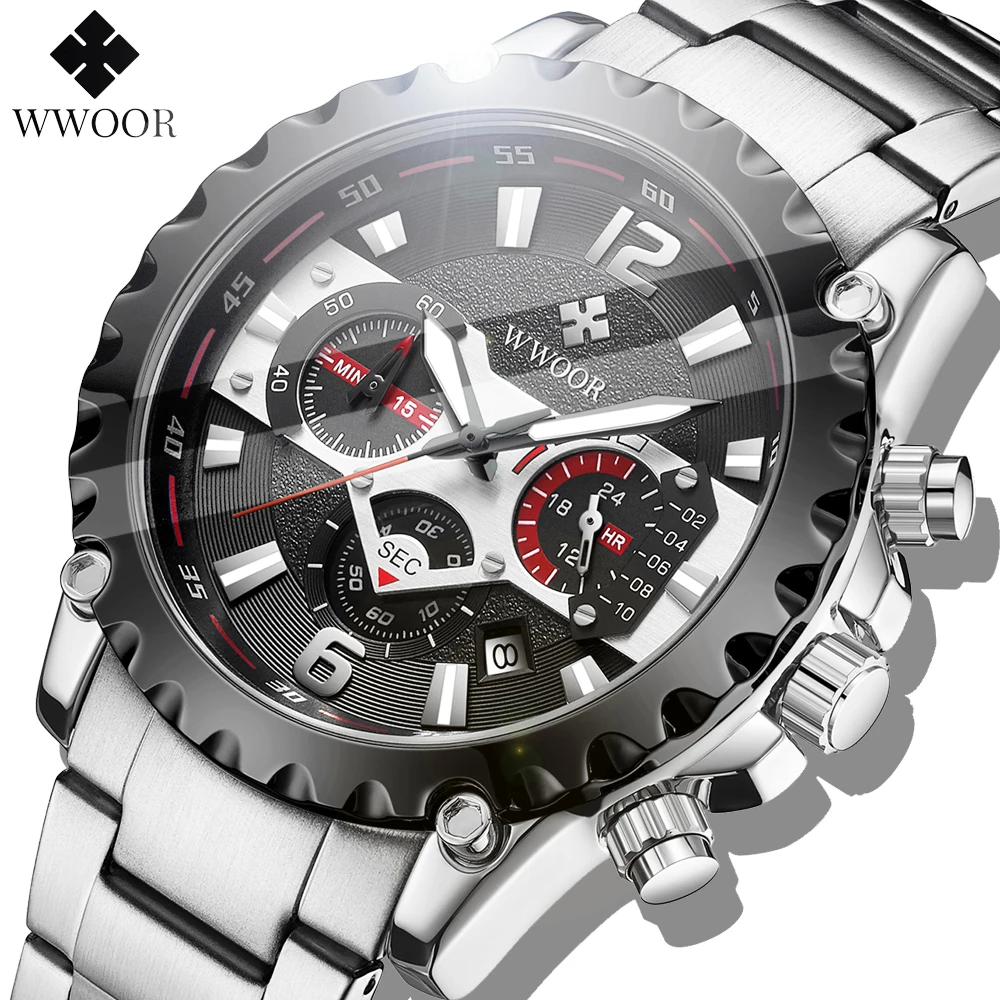 2021 WWOOR Fashion Mens Watchs Brand Luxury Silver Stainless Steel Waterproof Quartz Watch Men Military Chronograph Reloj Hombre