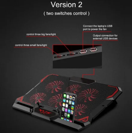 

Gaming Laptop Cooler Notebook Cooling Pad 6 Silent Red/Blue LED Fans Powerful Air Flow Portable Adjustable Laptop Stand