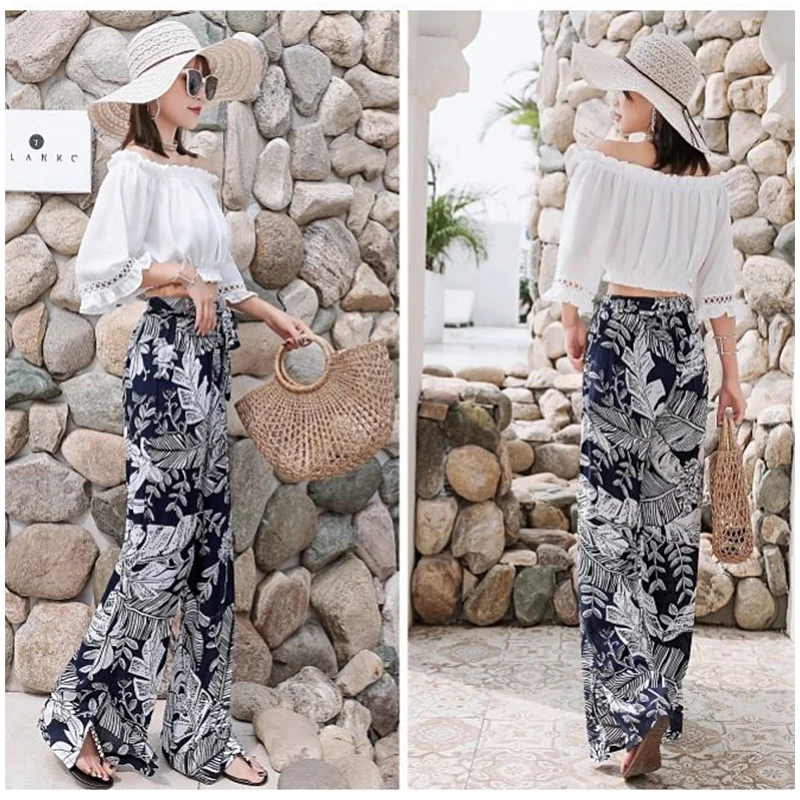 

New cotton silk wide-leg pants women's summer thin printed beach pants with pockets loose long trousers pantalones de mujer