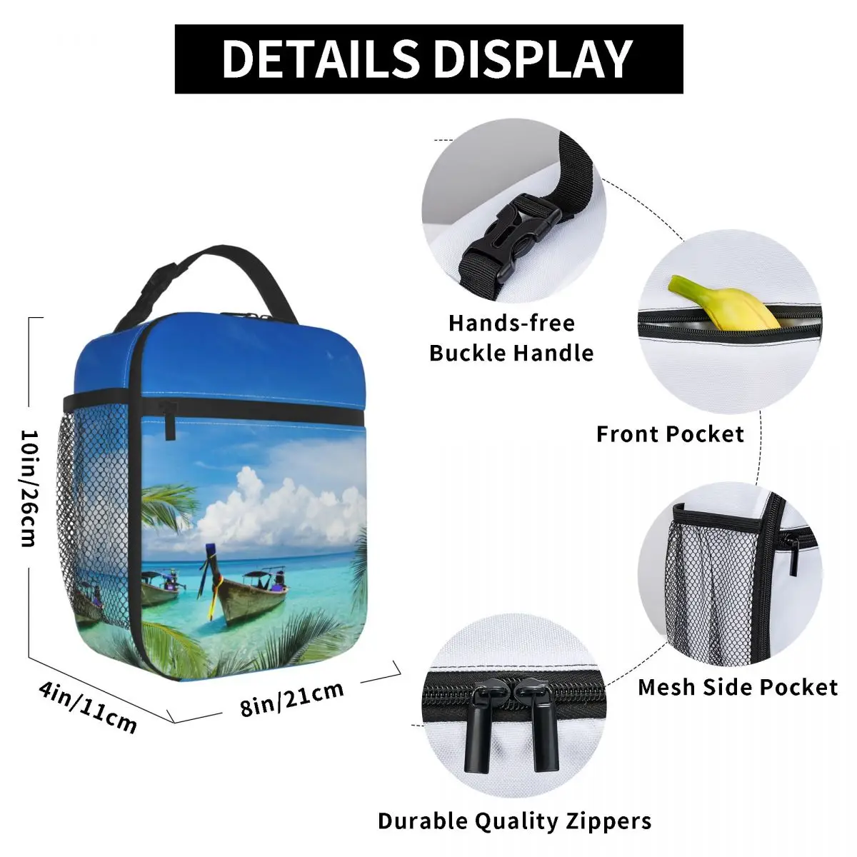 

Hawaiian Beach With Palm Trees Lunch Bag for Women Men Large Insulated Lunch Box with Water Bottle Holder and Pockets