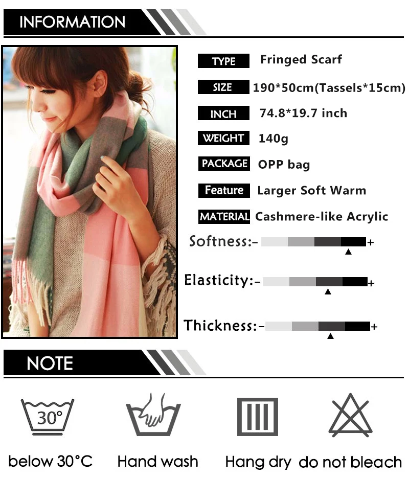 190*50 см хорошее качество теплый зимний шарф женский шерстяной клетчатый женские