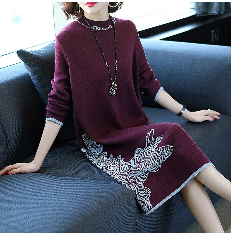 Женское зимнее платье с цветочным узором водолазка длинным рукавом Элегантные