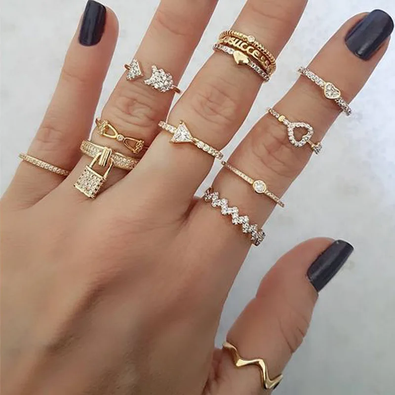 

Original Design Gold Color Round Hollow Geometric Rings Set For Women Fashion Twist Lock Ring Female Jewelry 13pcs Sets