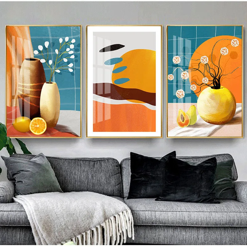 

Retro Vase Fruit Decorative Prints Wall Painting Nordic Orange Color Art Picture Vintage Poster For Living Room Restaurant Decor