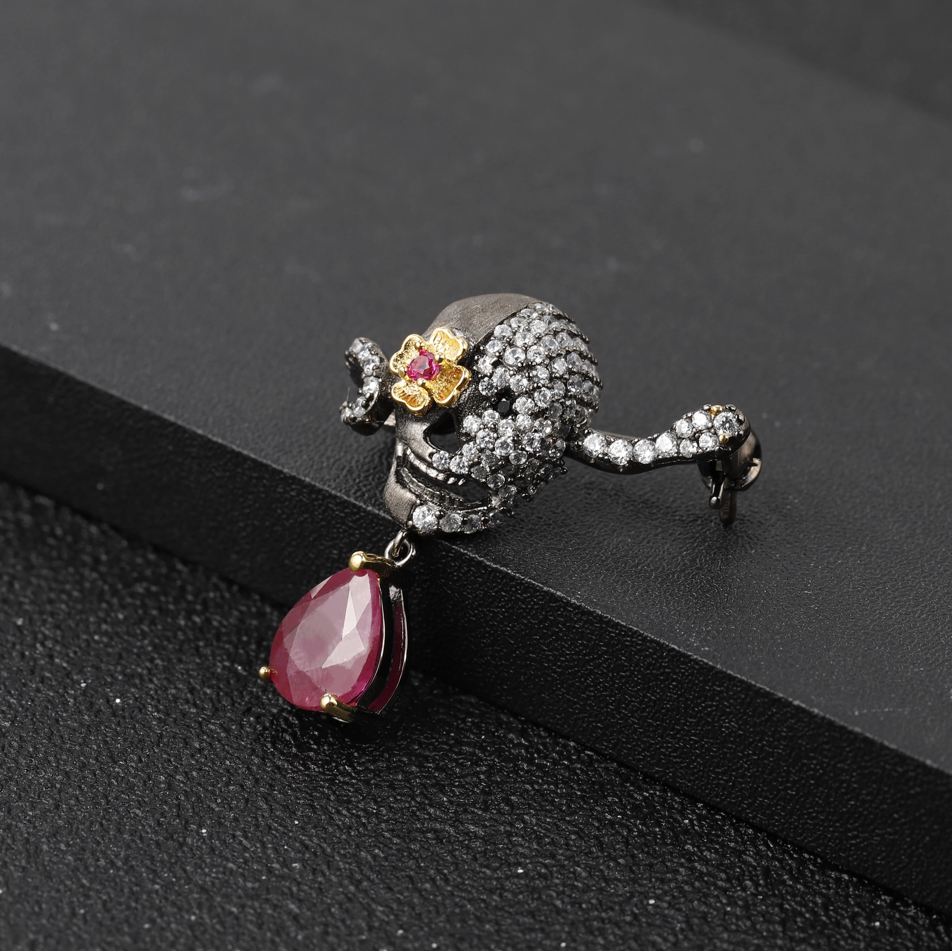 GEM'S BALLET Natural Ruby Gemstone Brooch 925 Sterling Sliver Handmade Death Skull Brooches For Women Fine Jewelry 2020 NEW | Украшения