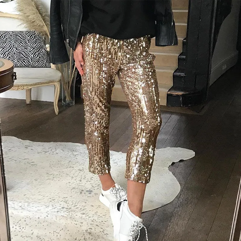 Укороченные повседневные брюки карандаш с блестками для ночного клуба и рождественской вечеринки новинка
