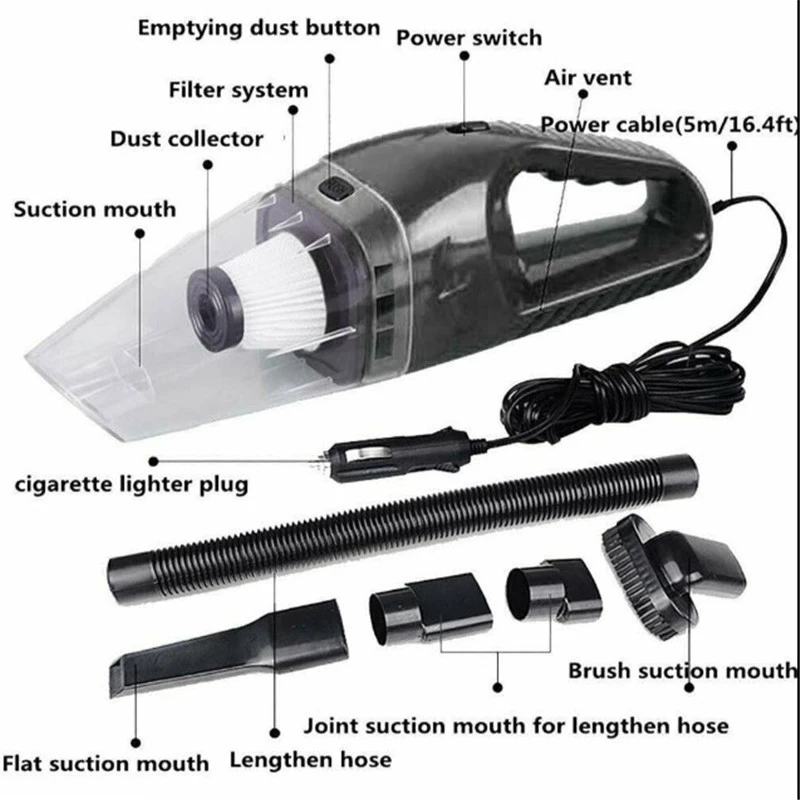 

12V Handheld High Power Car Vacuum Cleaner, Carpet Cleaner for Car 120W 4000Pa with Cigarette Plug Cleaning Pet Hair, Soot, Brea