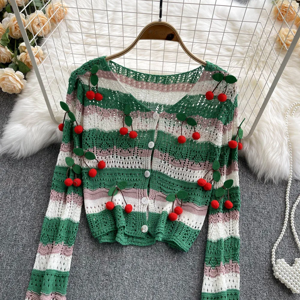 

Женский кардиган с трехмерным рисунком вишни, яркое пальто в Корейском стиле, Размеры s