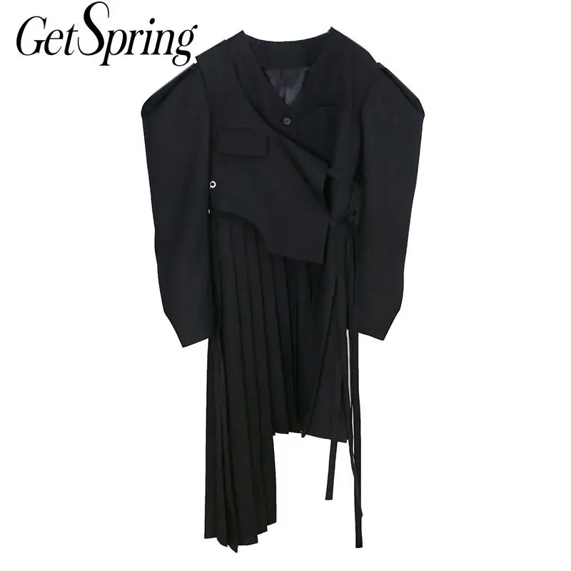 

Getspring Women Dress Puff Sleeve Asymmetry V-neck Vintage Dresses Women Irregular Black White Bandage Dresses Women 2020 New