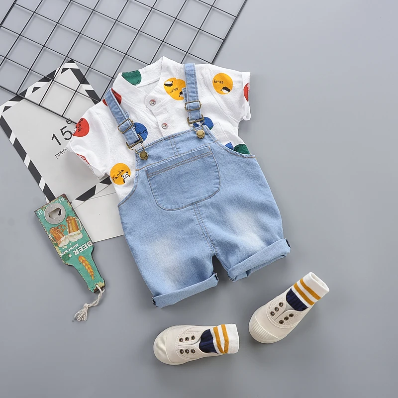 

Summer Baby Boys Girls Clothes Set Casual Short Sleeve Dot Print T-shirt Tops+Strap Denim Shorts Costume Set 1-4T