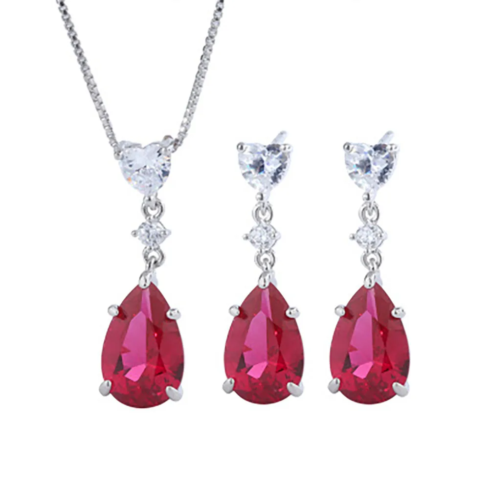 

Luxury 925 Sterling Silver Jewelry Sets for Women Created Ruby Stone Drop Earrings Necklace with AAA+Zircon Party Fine Jewelry