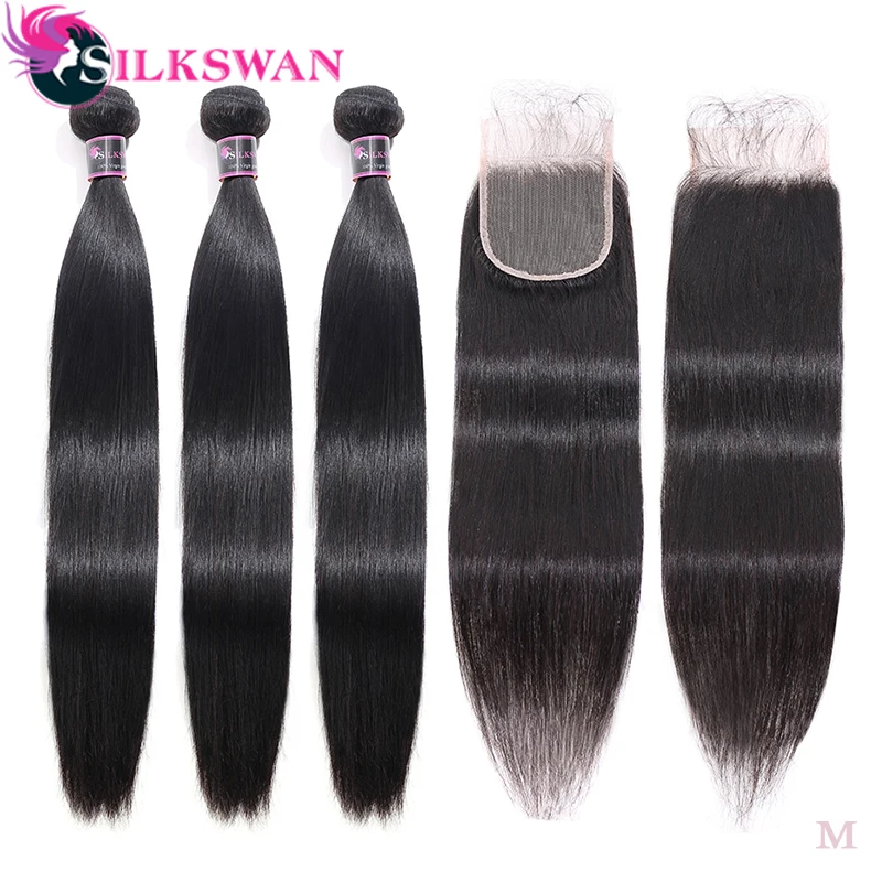 Silkswan бразильские прямые Человеческие волосы remy 10-40 дюймов Пряди с закрытием с детскими волосами для женщин