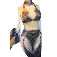sparkly multi color diamonds women birthday celebrate party jumpsuits nightclub singer dance costume mesh transparent bodysuit