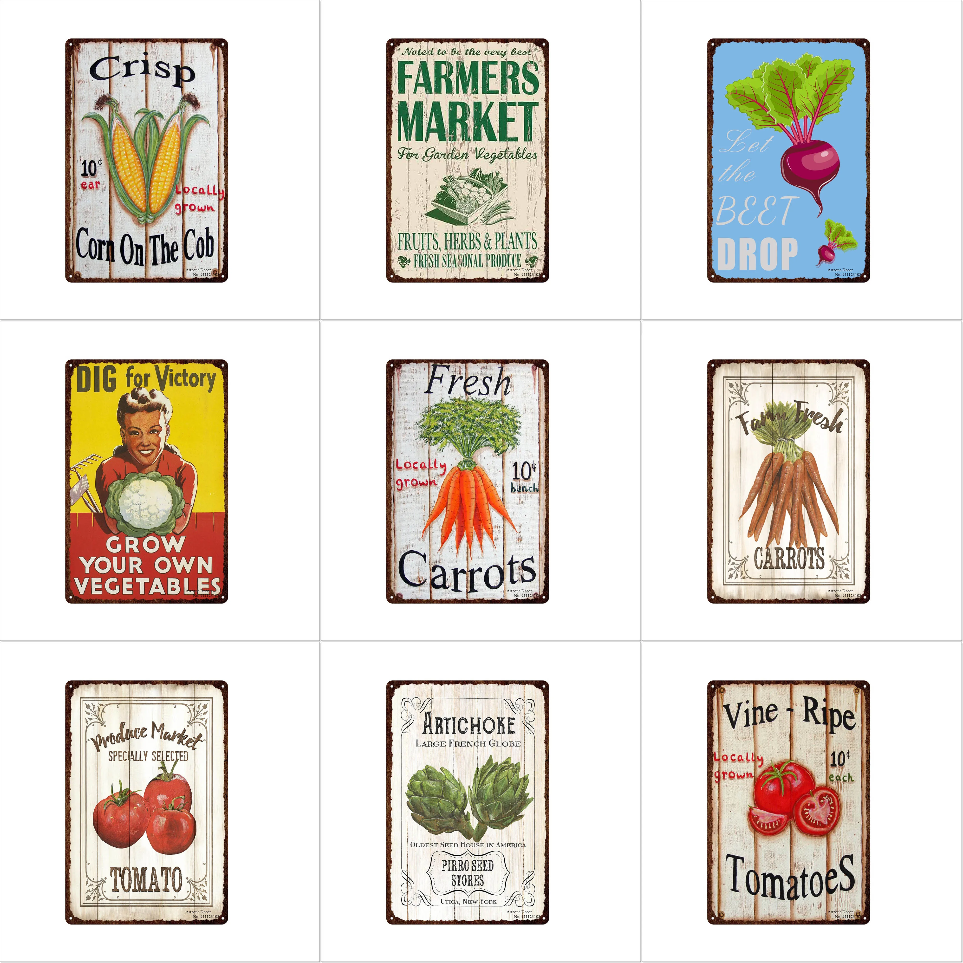 

Farm Fresh Vegetables Shabby Metal Tin Signs Farmers Market Crisp Carrots Vine Ripe Plaque Iron Painting Wall Decor Retro Pub