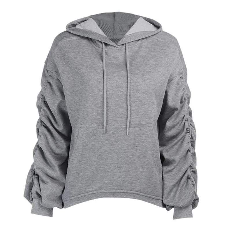

Pleated Lantern Sleeve Hooded Women Cotton Casual Streetwear Autumn 2021 Oversize Drawstring Solid Color Shirring Pocket Hoodie