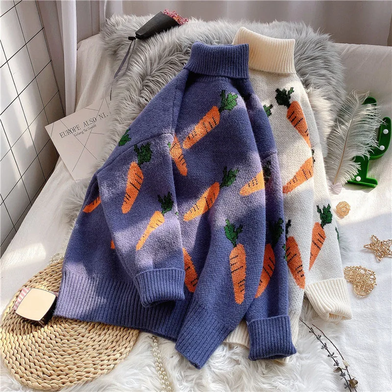 Водолазка вязаные женские свитера с принтом длинными рукавами свободные