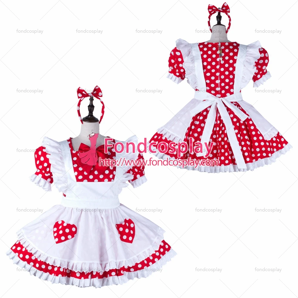 

fondcosplay adult sexy cross dressing sissy maid Red dots cotton dress lockable Uniform white Heart apron Tailor-made[G2240]