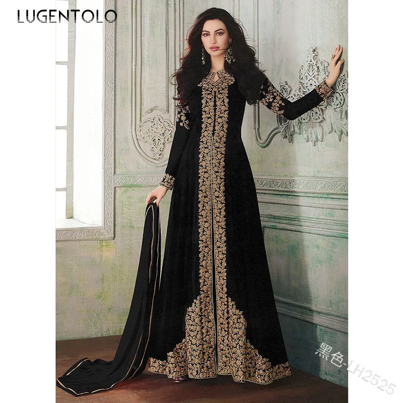 

Lugentolo Women Dress Vintage Fashion Muslim Princess Dinner Dress Party New Women's Long Sleeve Lace Splicing Maxi Dresses