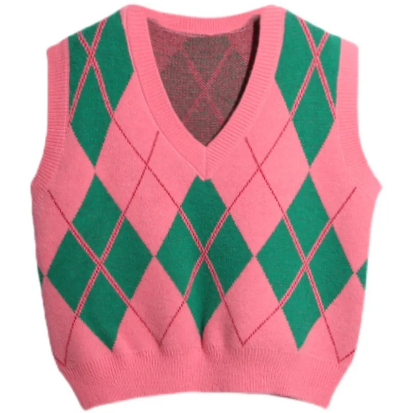 

Preppy Style Sweet Pink Knitted Sweater Vest Women V-Neck Casual Loose Waistcoat Female England Style Outwear Autumn Clothes