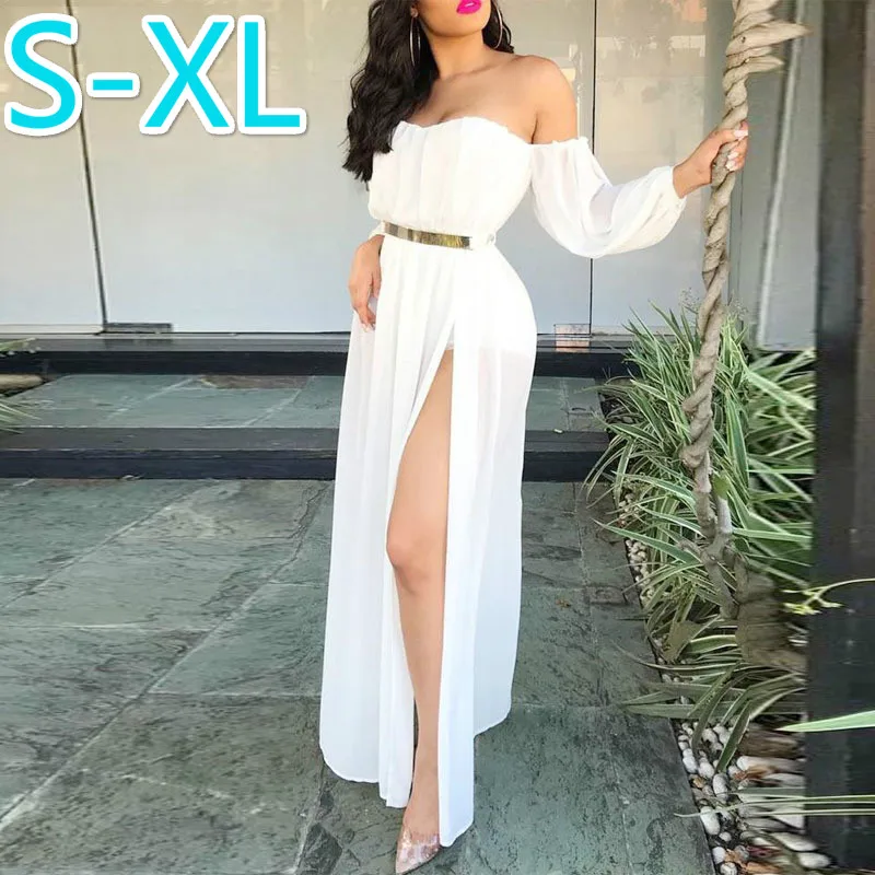 

European And American-Style New Style Women's off-Shoulder Long Sleeve Sexy Solid Color Horizontal Neck around-Style Long H