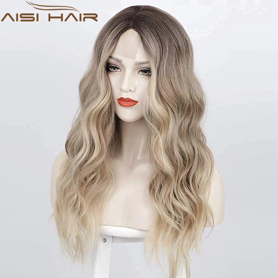 

AISI HAIR Synthetic Long Wavy Wig For Women Ombre Black Brown Blonde Ash Wig Heat Resistant Fiber Middle Part For Party