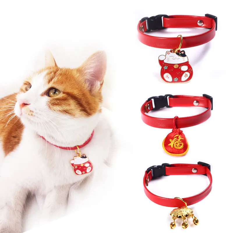 

Leather Cat Collar New Year Personalized Breakaway with Pendant Necklace Collar Pet Products for Small Dog Chihuahua