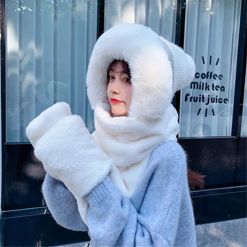 

Winter Hat, Scarf Gloves Three-piece Simple Solid Color Warm All-in-one Suit Plus Velvet And Comfortable Three-piece Suit